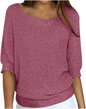 Womens Lightweight Sweater Casual Half Sleeve Pullover Tops Round Neck Shirts Ribbed Knit Blouse Loose Fit Tunics