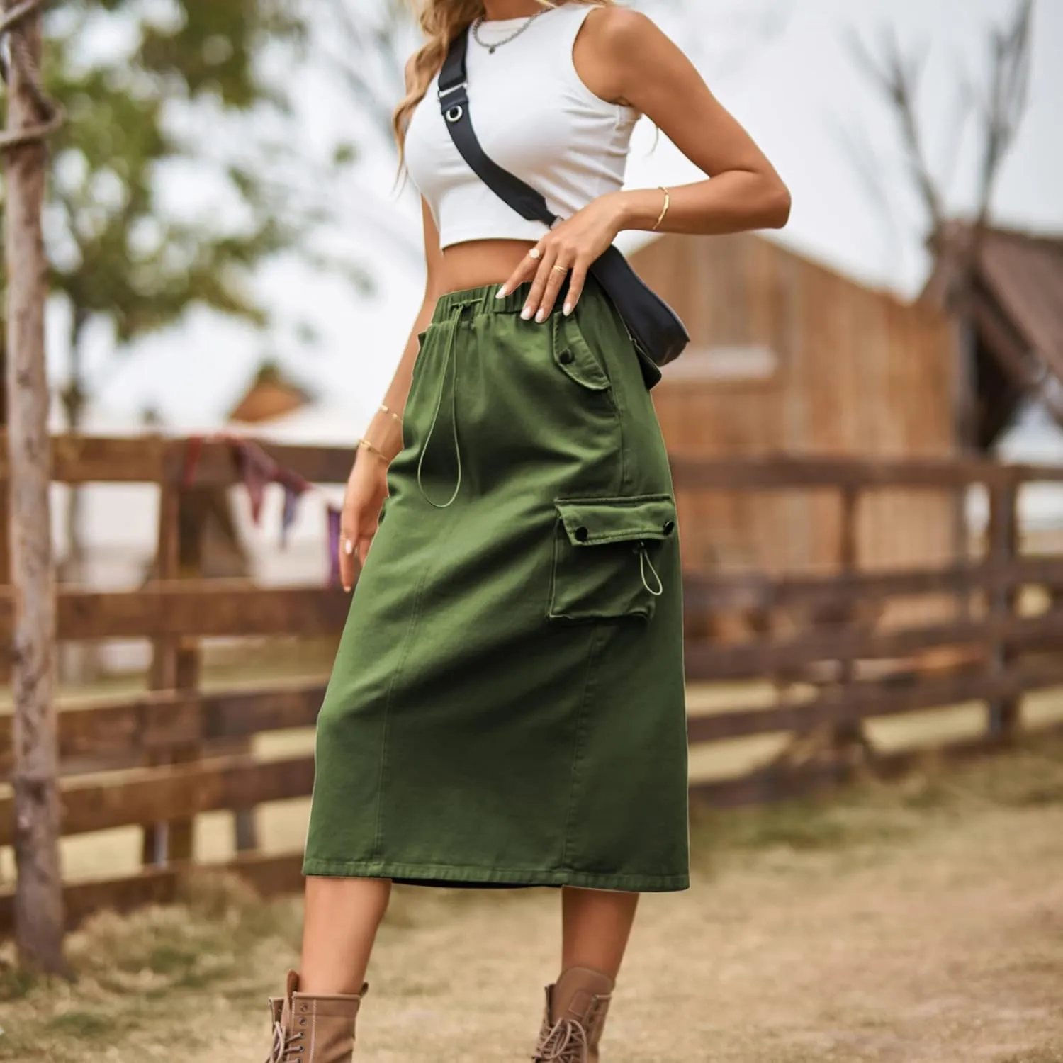 Womens Long Denim Cargo Skirts High Waisted Flap Pocket Jean Midi Skirt with Drawstring Y2K Streetwear