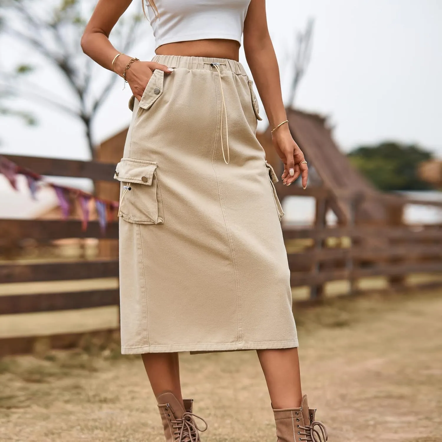 Womens Long Denim Cargo Skirts High Waisted Flap Pocket Jean Midi Skirt with Drawstring Y2K Streetwear