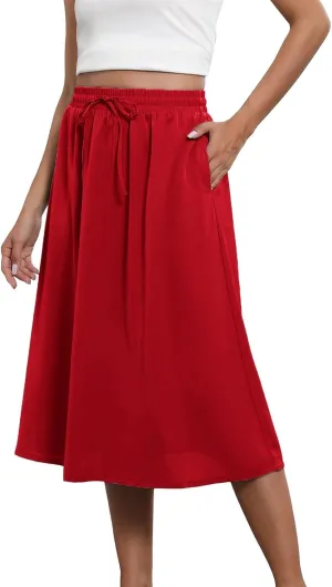 Womens Maxi Boho Skirts Trendy Summer Flowy Floral Midi Skirts with Pockets Lightweight Drawstring High Waisted Skirt