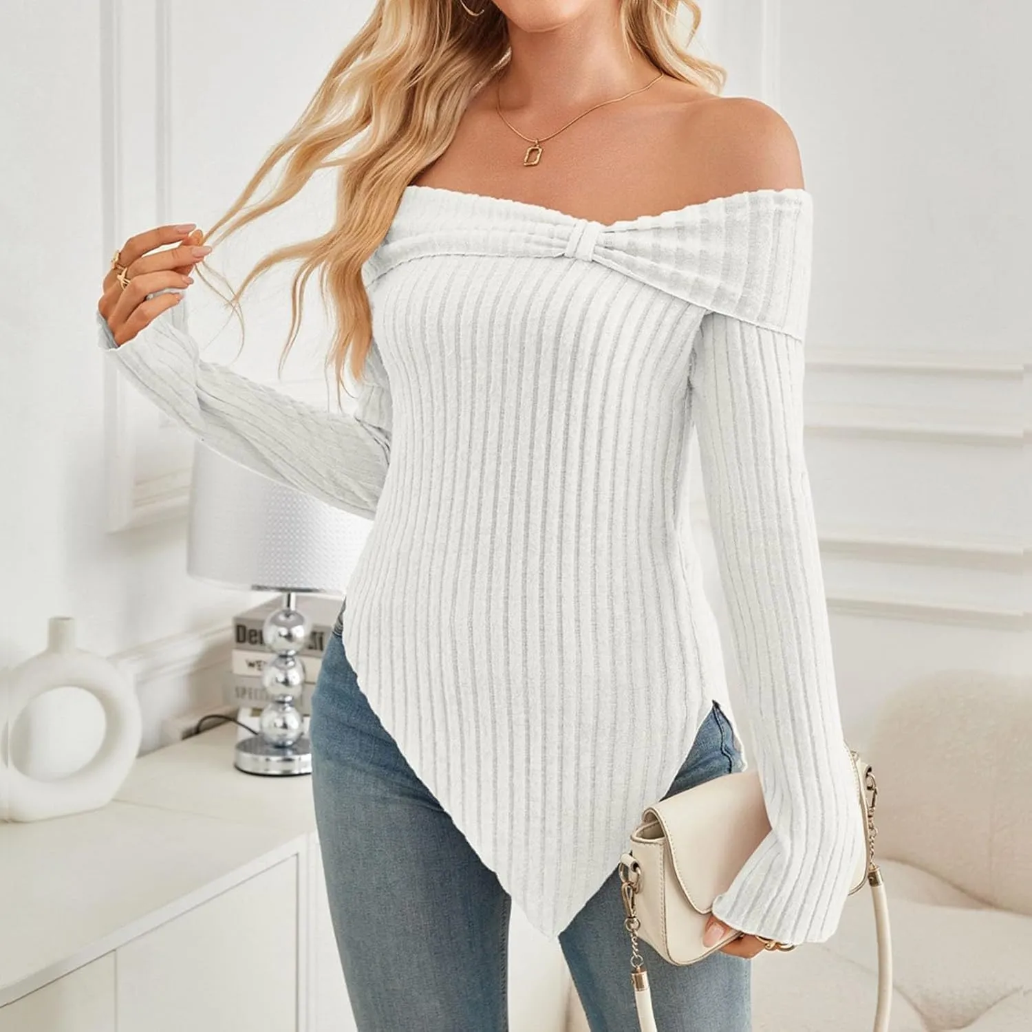 Womens Off Shoulder Sweater Tops Lettuce Trim Long Sleeve Ribbed Knit Asymmetrical Slim Fit Pullover Tee T-Shirt