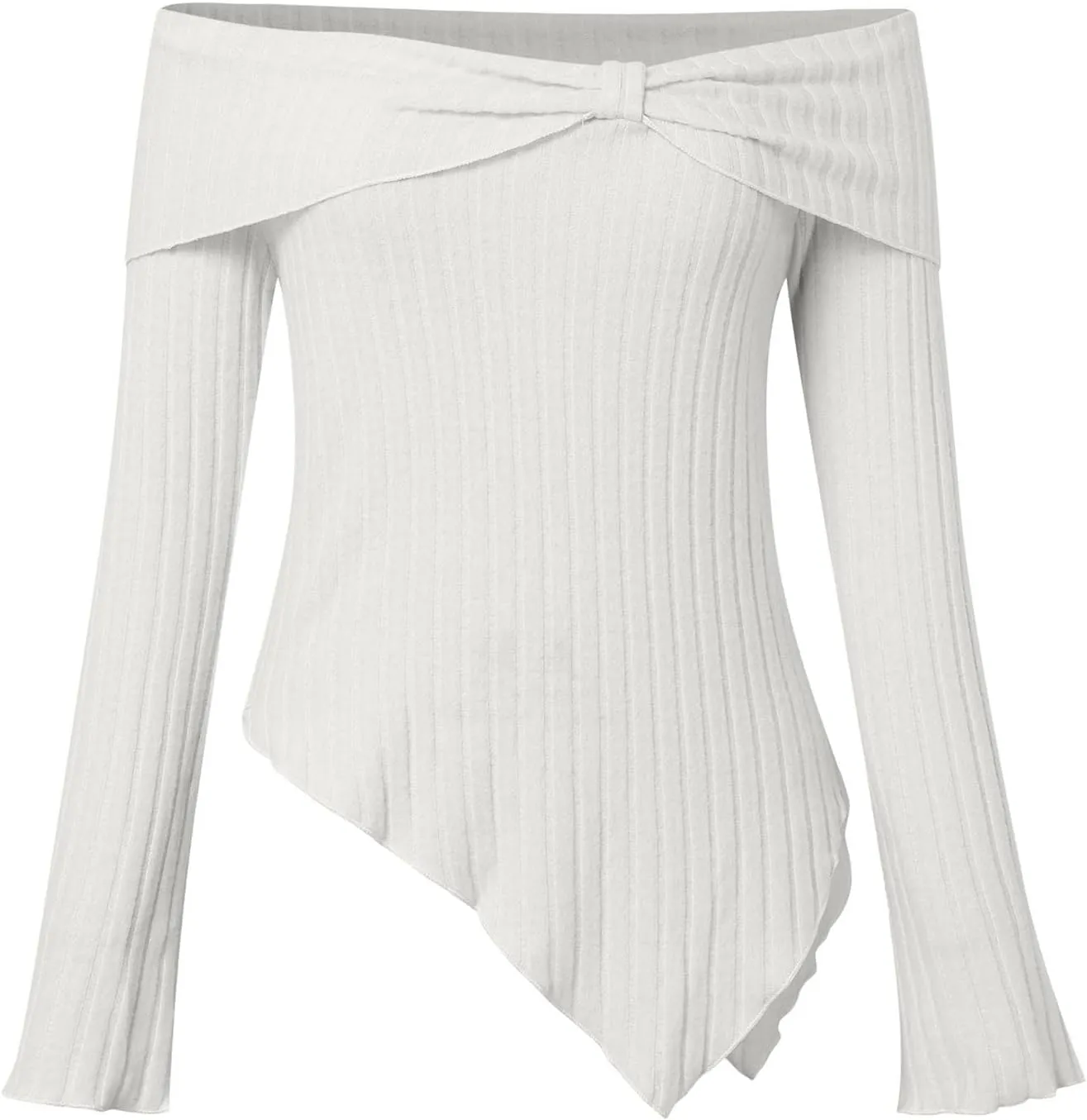 Womens Off Shoulder Sweater Tops Lettuce Trim Long Sleeve Ribbed Knit Asymmetrical Slim Fit Pullover Tee T-Shirt