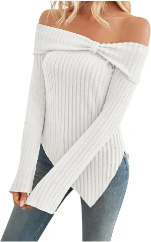 Womens Off Shoulder Sweater Tops Lettuce Trim Long Sleeve Ribbed Knit Asymmetrical Slim Fit Pullover Tee T-Shirt