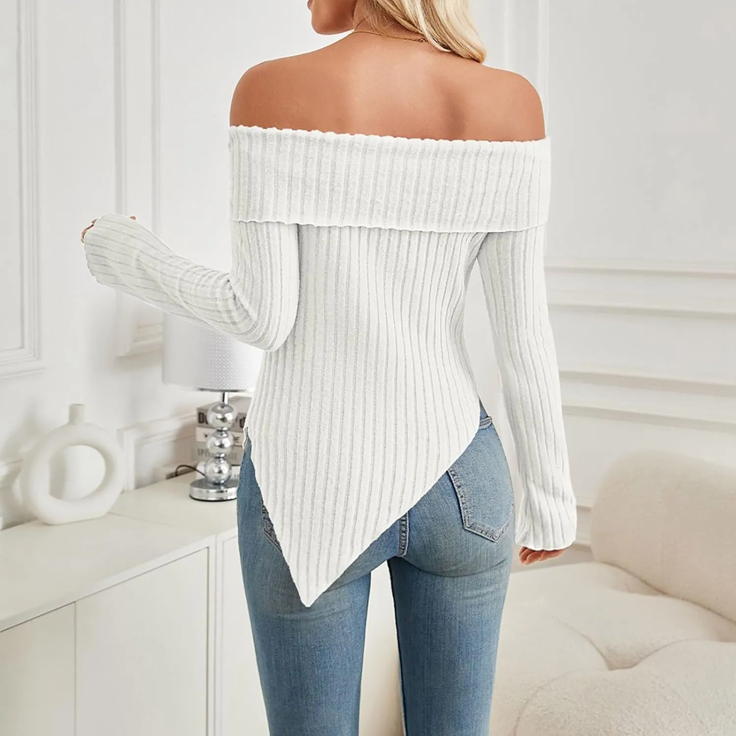 Womens Off Shoulder Sweater Tops Lettuce Trim Long Sleeve Ribbed Knit Asymmetrical Slim Fit Pullover Tee T-Shirt