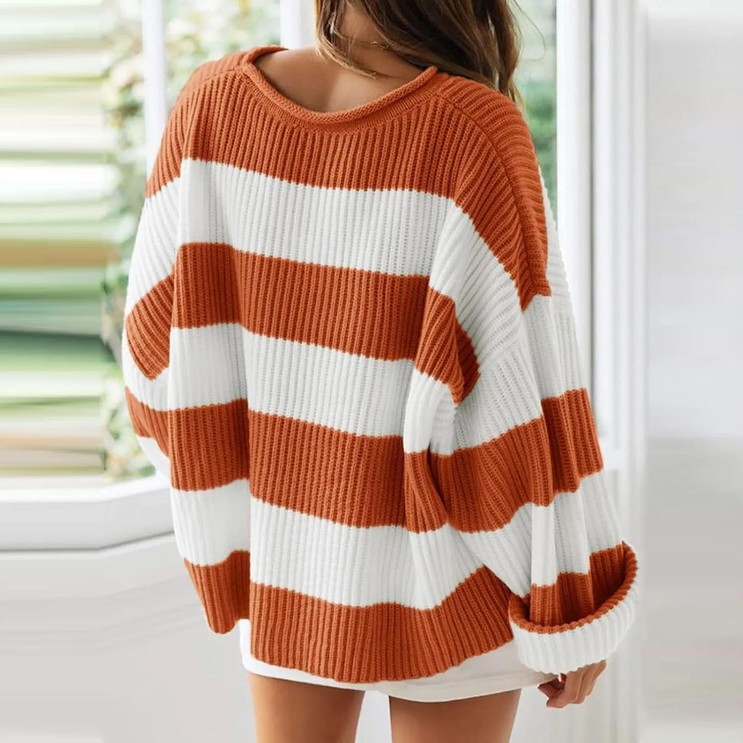 Womens Orange and White Knit Striped Sweater Oversized Long Sleeve Crew Neck Comfy Pullover Sweater Fall Winter Top
