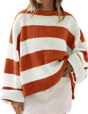 Womens Orange and White Knit Striped Sweater Oversized Long Sleeve Crew Neck Comfy Pullover Sweater Fall Winter Top