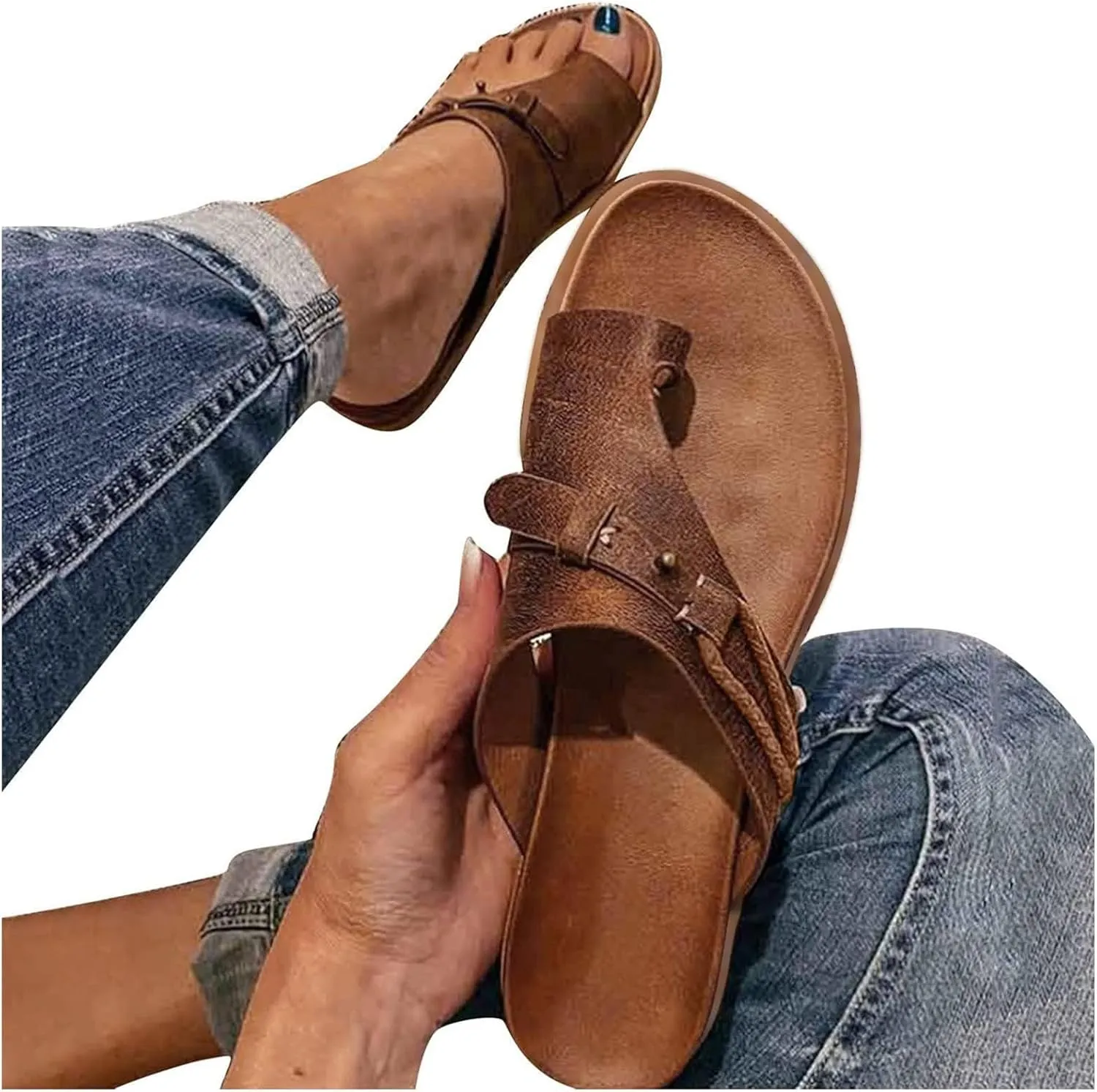 Womens Orthopedic Sandals Summer Comfy Big Toe Correction Sandal Walking Bunion Flip Flops Lightweight Breathable Leather Workout Slippers Platform Flat Sole Beach Shoes