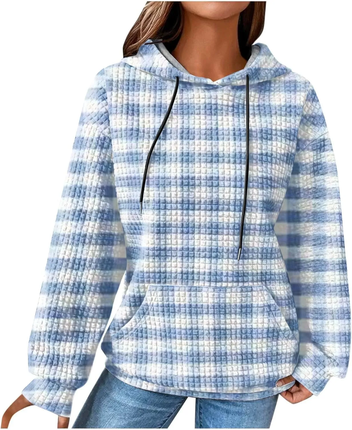 Womens Oversized Crewneck Sweatshirt Hooded Hoodie Long Sleeve Drawstring Waffle Pullover Trendy Shirts With Pocket