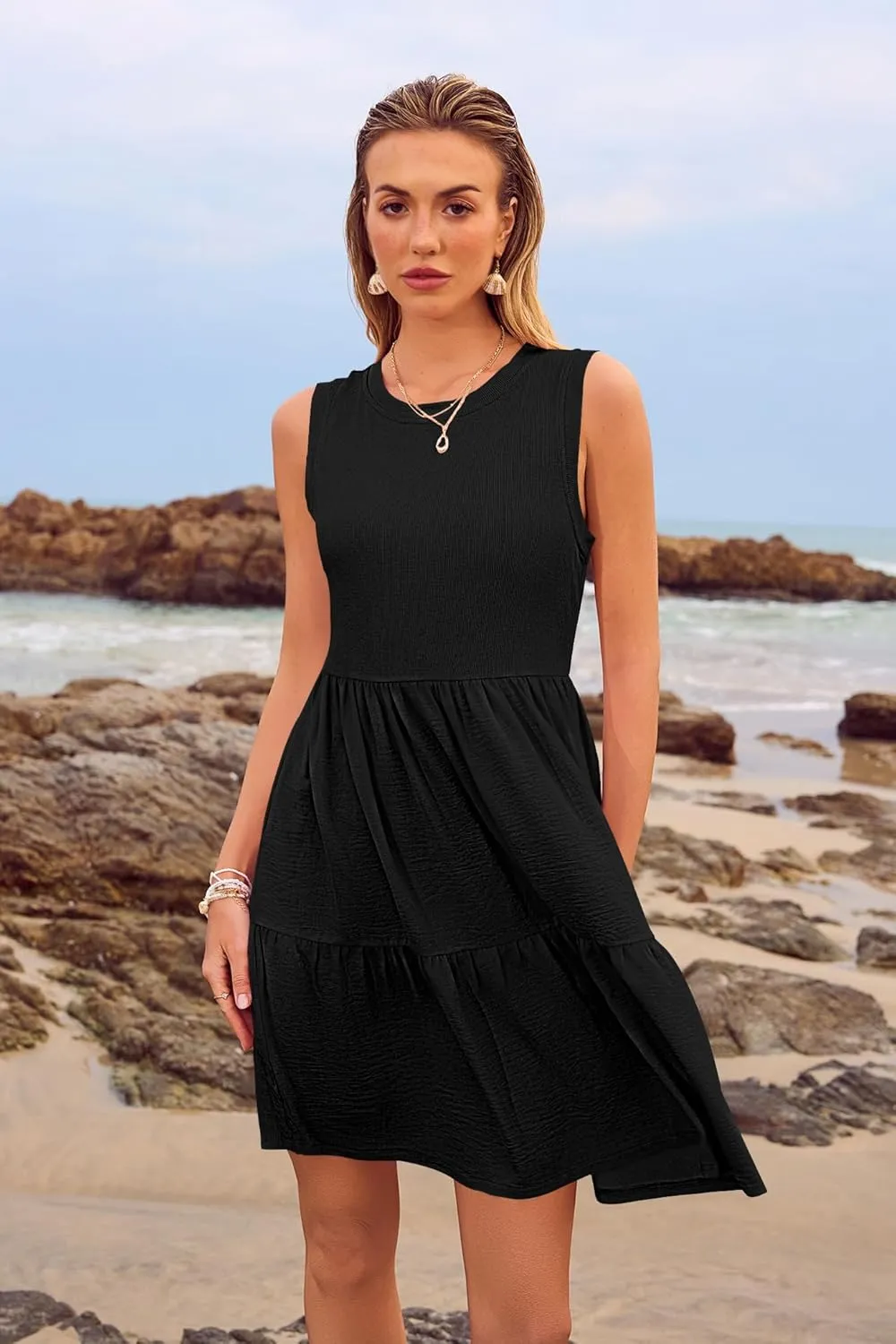 Women's Sleeveless Summer Mini Dress Tank Flowy Tiered Short A Line Sundresses Beach Vacation Dresses with Pockets