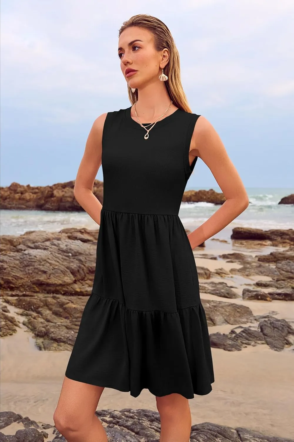 Women's Sleeveless Summer Mini Dress Tank Flowy Tiered Short A Line Sundresses Beach Vacation Dresses with Pockets