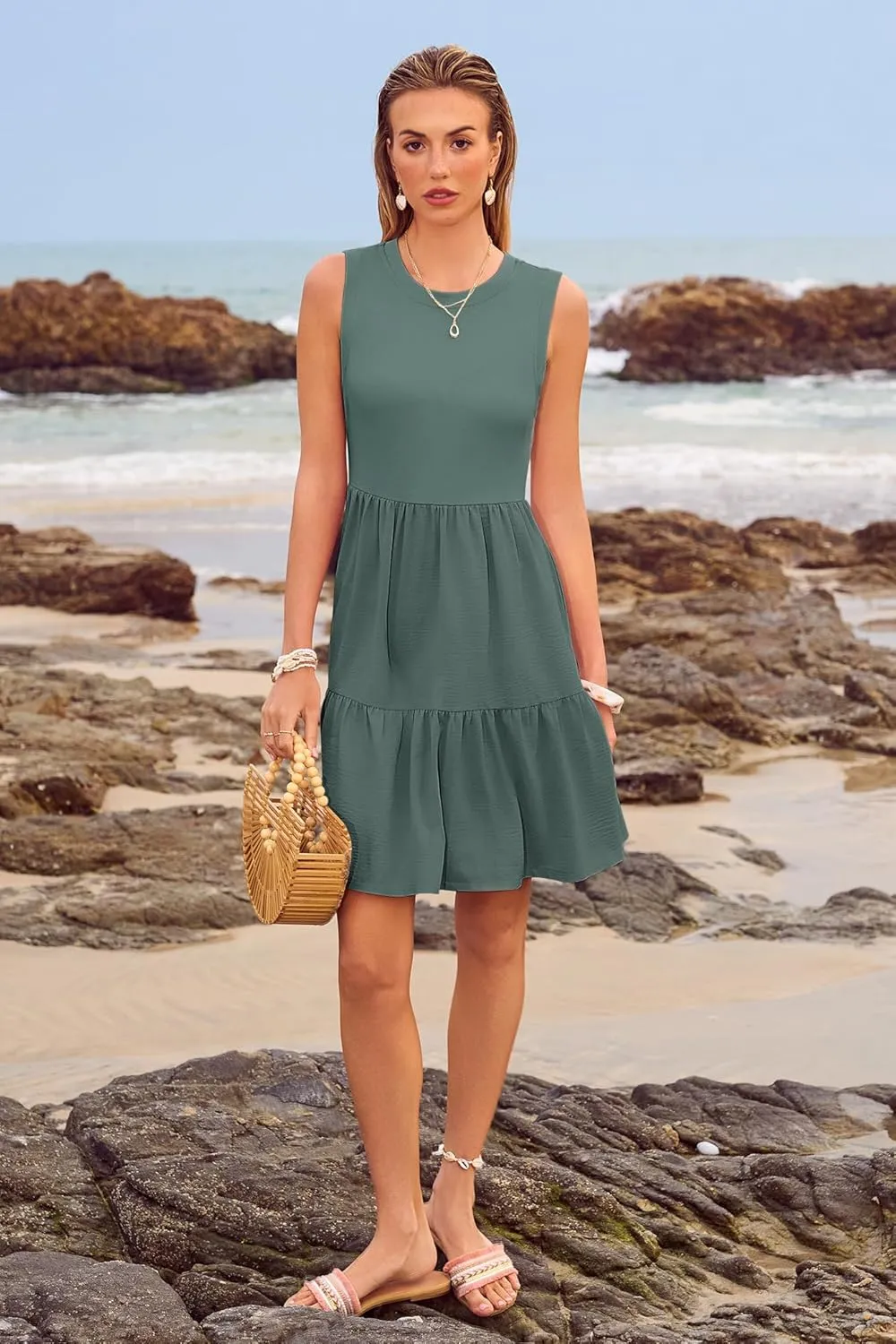 Women's Sleeveless Summer Mini Dress Tank Flowy Tiered Short A Line Sundresses Beach Vacation Dresses with Pockets