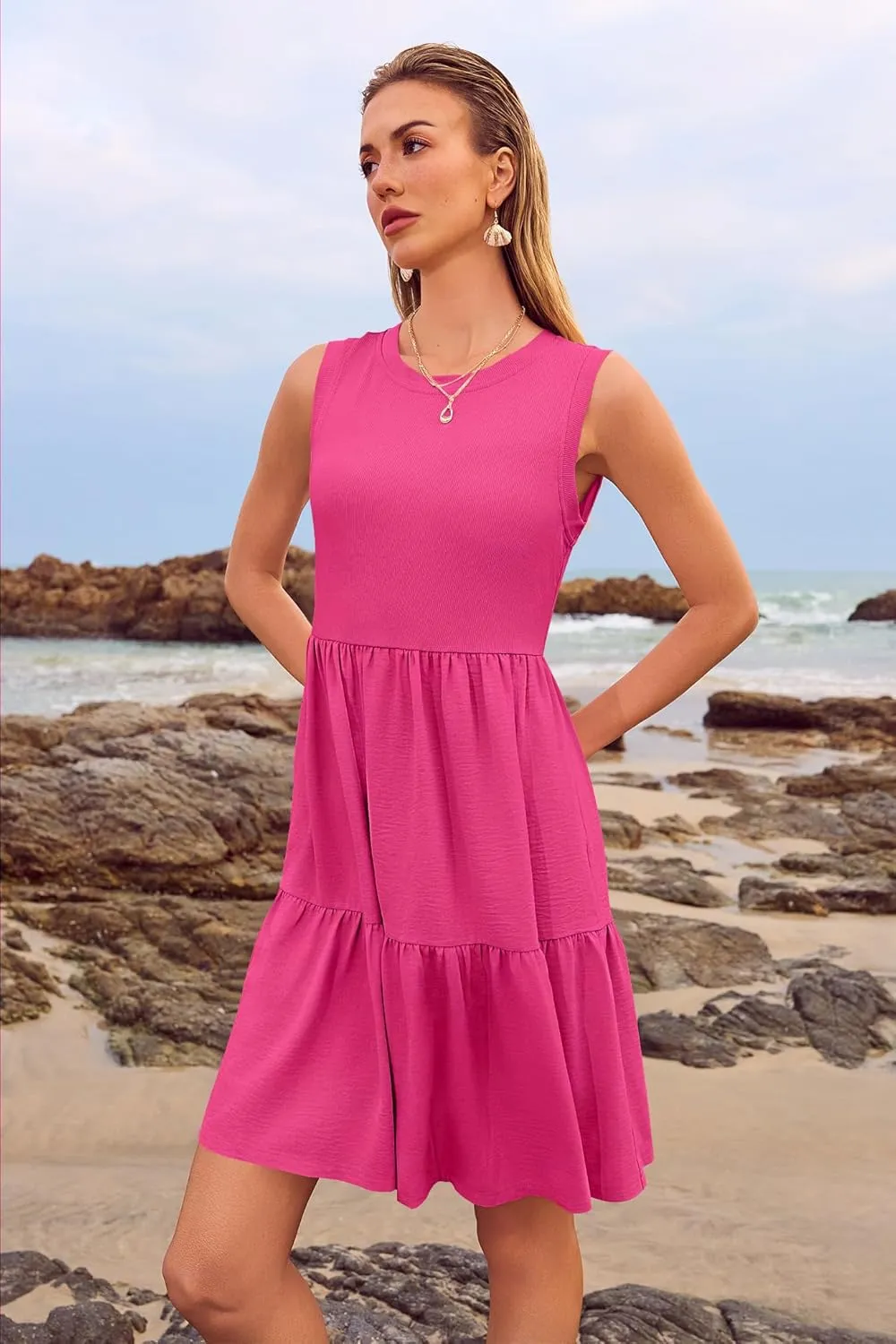 Women's Sleeveless Summer Mini Dress Tank Flowy Tiered Short A Line Sundresses Beach Vacation Dresses with Pockets