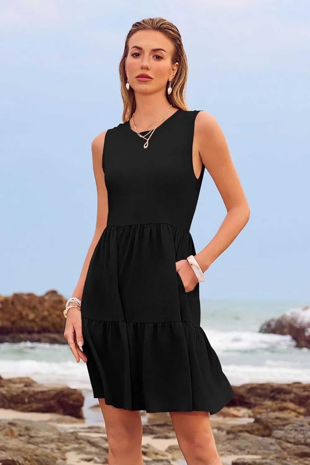 Women's Sleeveless Summer Mini Dress Tank Flowy Tiered Short A Line Sundresses Beach Vacation Dresses with Pockets