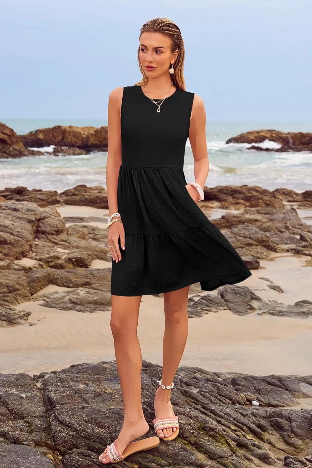 Women's Sleeveless Summer Mini Dress Tank Flowy Tiered Short A Line Sundresses Beach Vacation Dresses with Pockets