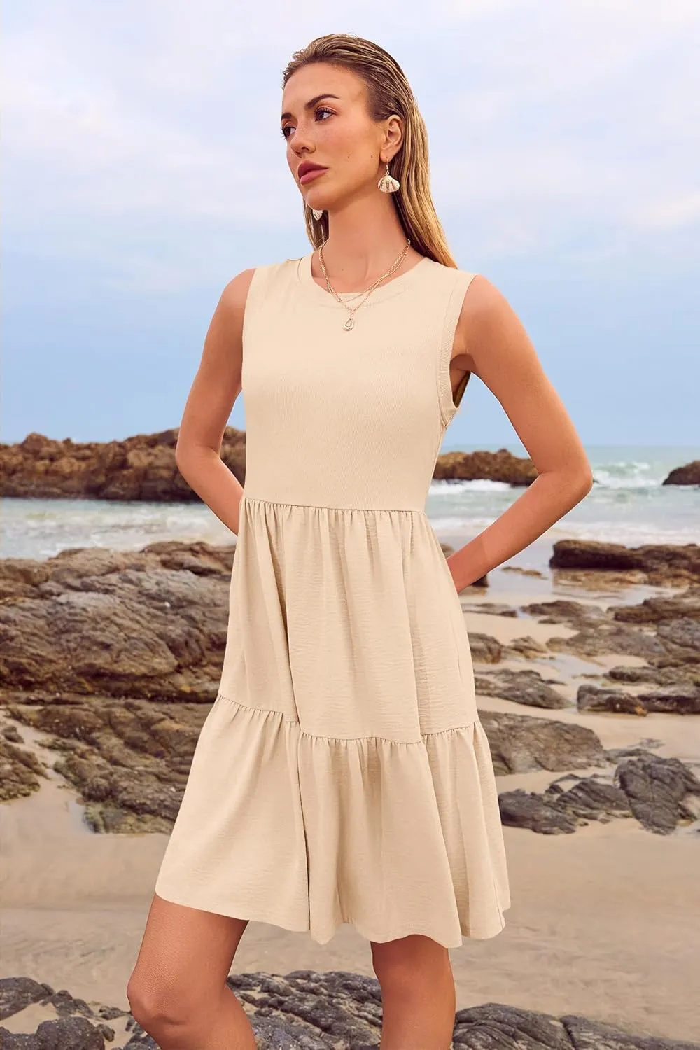 Women's Sleeveless Summer Mini Dress Tank Flowy Tiered Short A Line Sundresses Beach Vacation Dresses with Pockets