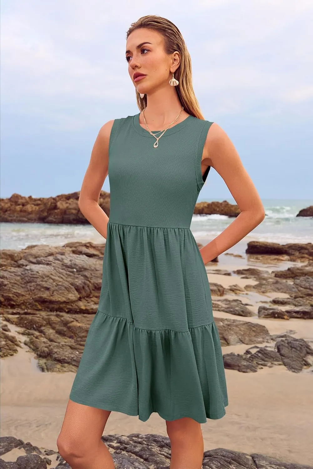 Women's Sleeveless Summer Mini Dress Tank Flowy Tiered Short A Line Sundresses Beach Vacation Dresses with Pockets