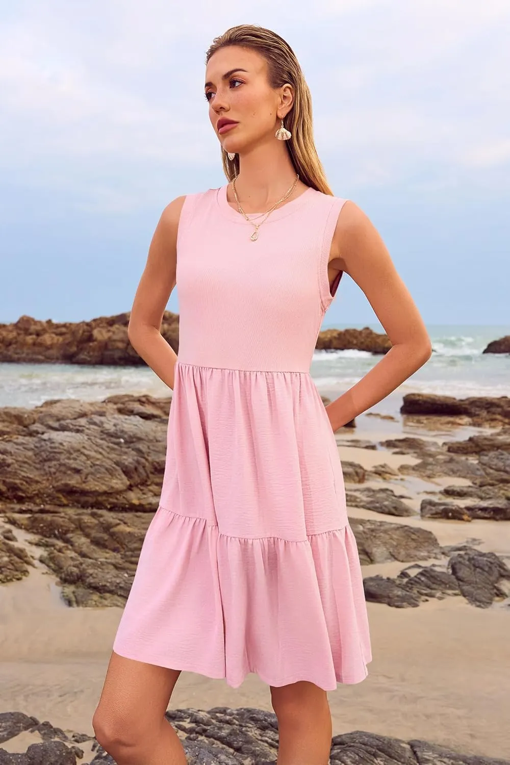 Women's Sleeveless Summer Mini Dress Tank Flowy Tiered Short A Line Sundresses Beach Vacation Dresses with Pockets