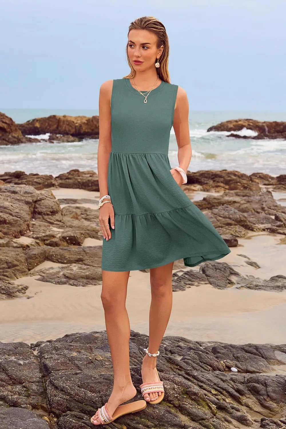 Women's Sleeveless Summer Mini Dress Tank Flowy Tiered Short A Line Sundresses Beach Vacation Dresses with Pockets