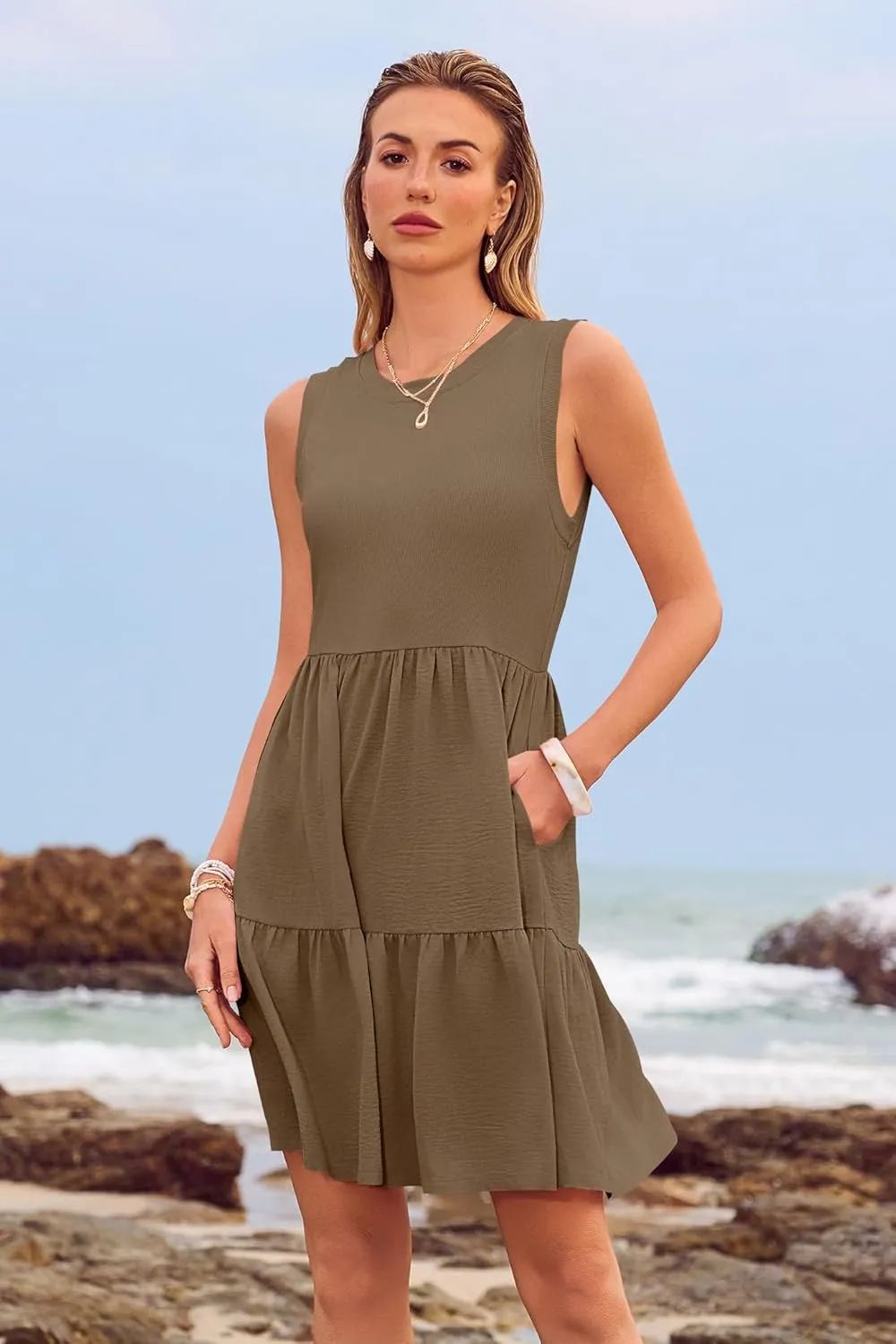 Women's Sleeveless Summer Mini Dress Tank Flowy Tiered Short A Line Sundresses Beach Vacation Dresses with Pockets