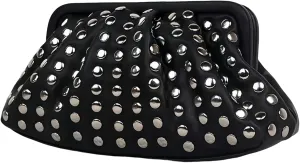 Womens Small Black PU Leather Clutch Bag Metal Studs Magnetic Closure Evening Party Purse Edgy Handbag Wallet
