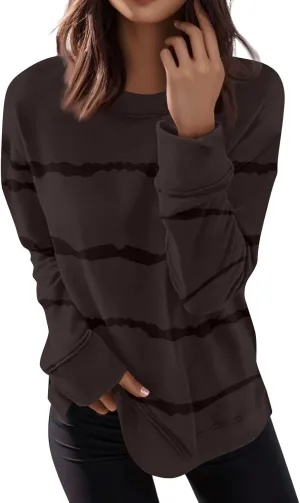 Womens Striped Sweatshirts Loose Fit Crew Neck Long Sleeve Tunic Tops Fall Winter Fashion Clothes 2024