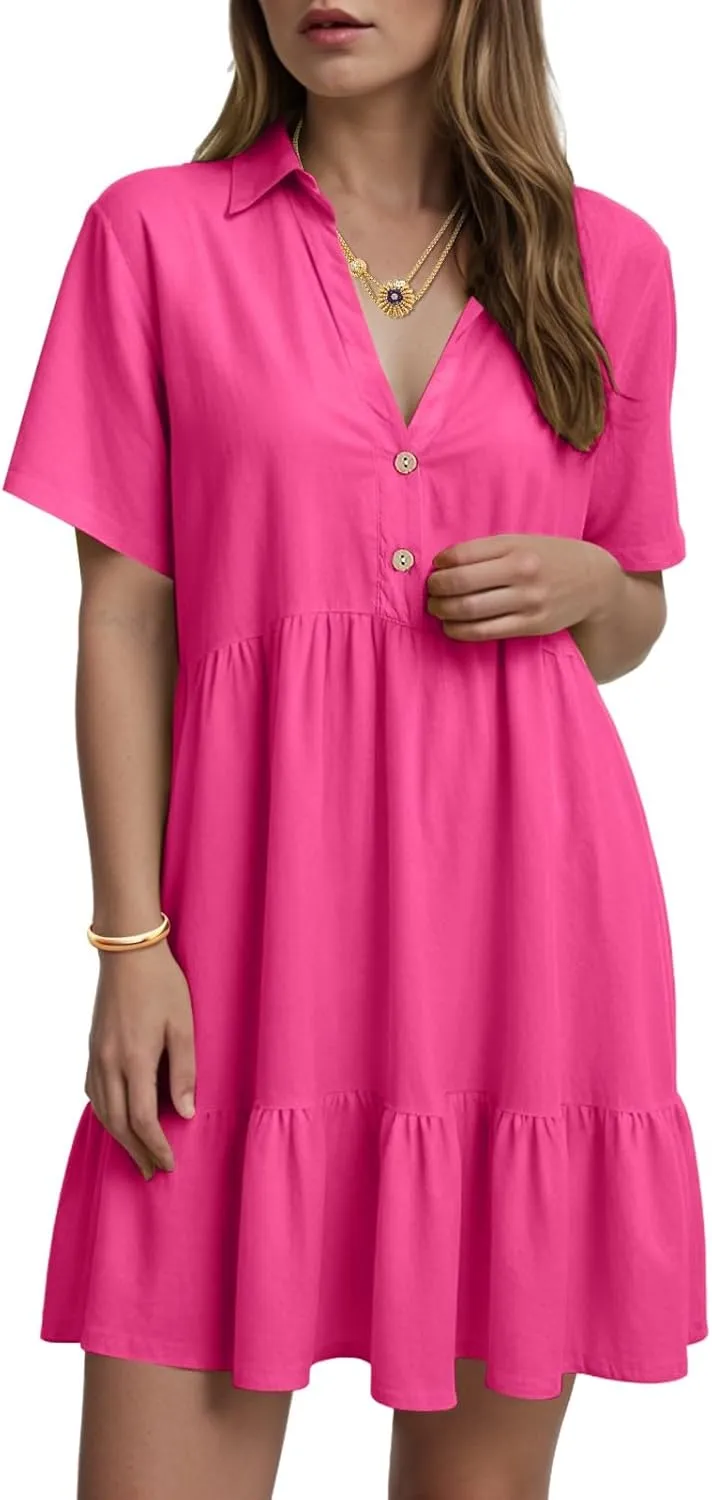 Womens Summer Casual Button Down Mini Dress Ruffle Short Sleeve V Neck Flowy A Line Tiered Beach Vacation Dresses