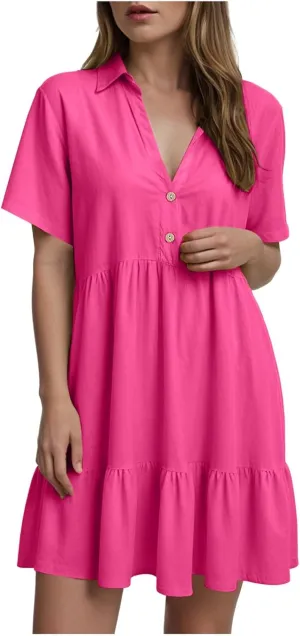 Womens Summer Casual Button Down Mini Dress Ruffle Short Sleeve V Neck Flowy A Line Tiered Beach Vacation Dresses