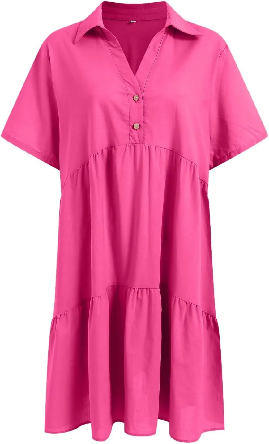 Womens Summer Casual Button Down Mini Dress Ruffle Short Sleeve V Neck Flowy A Line Tiered Beach Vacation Dresses