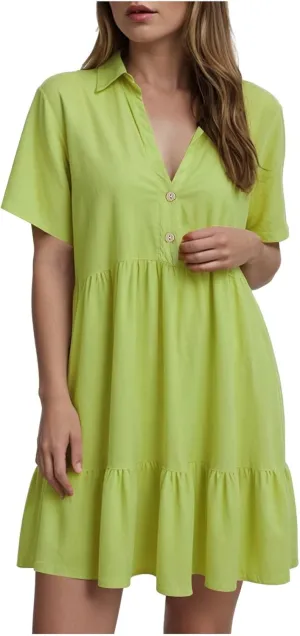 Womens Summer Casual Button Down Mini Dress Ruffle Short Sleeve V Neck Flowy A Line Tiered Beach Vacation Dresses