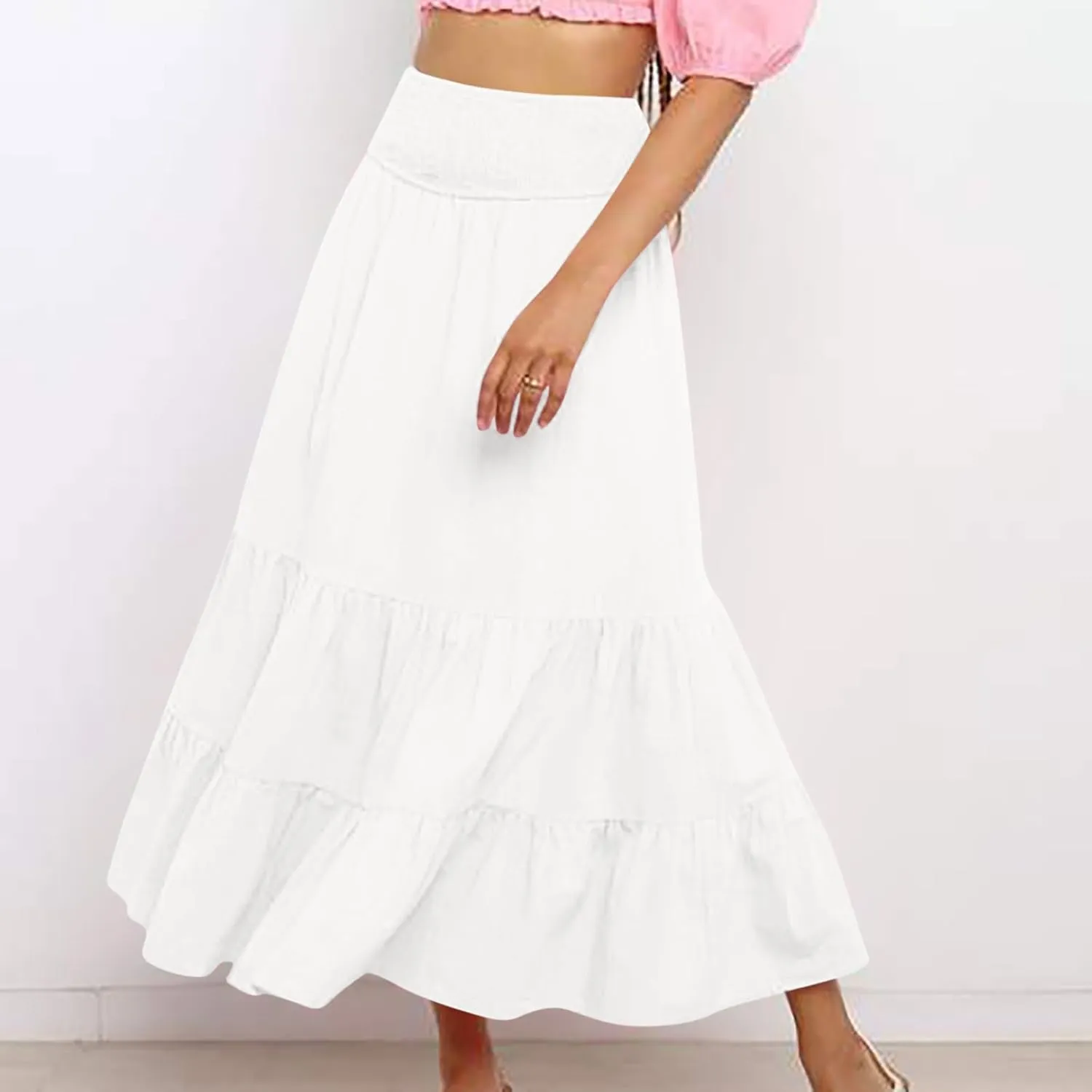 Women's Summer Comfy Tiered Skirts Elastic High Waisted A-Line Skirts Casual Beach Vacation Flowy Long Skirts
