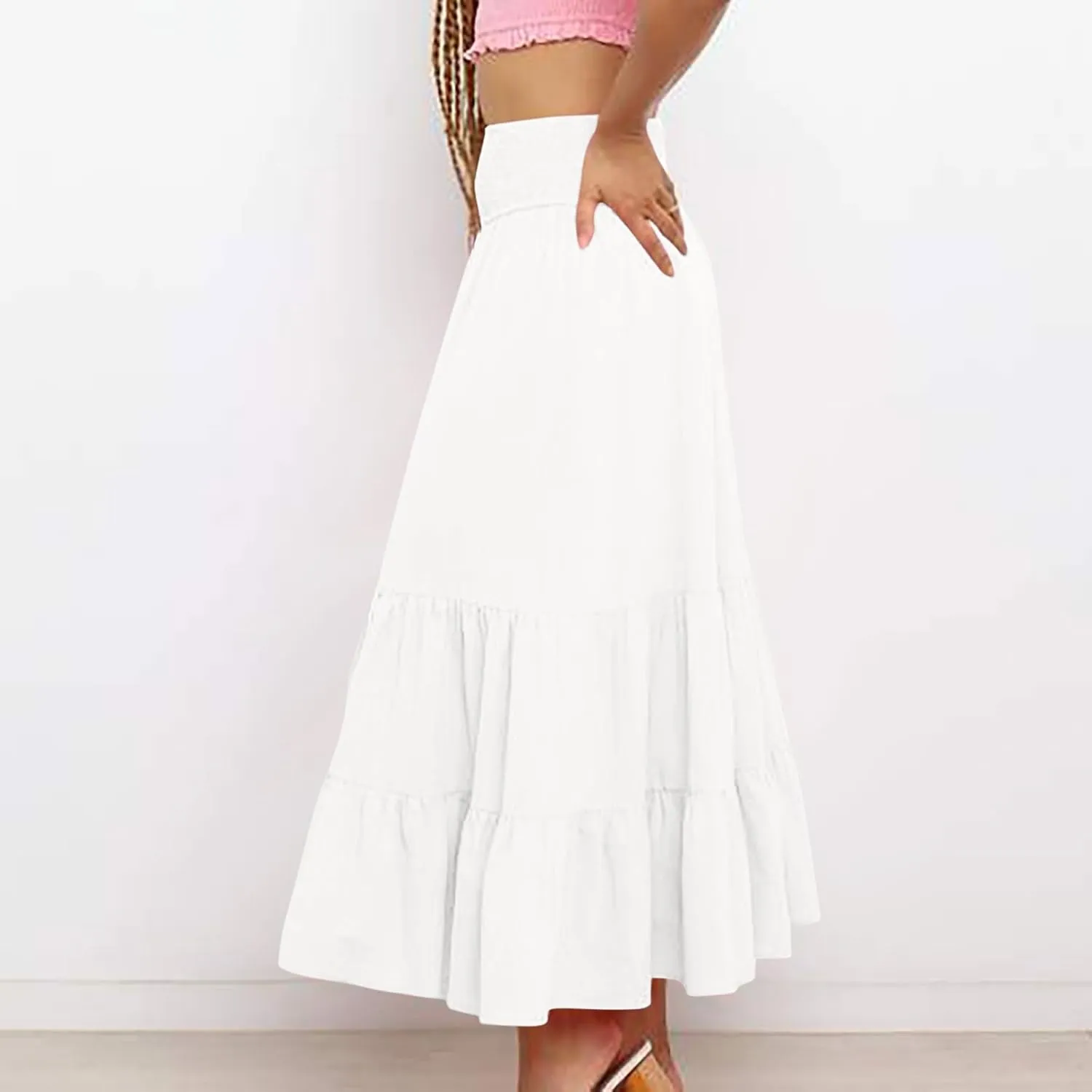 Women's Summer Comfy Tiered Skirts Elastic High Waisted A-Line Skirts Casual Beach Vacation Flowy Long Skirts