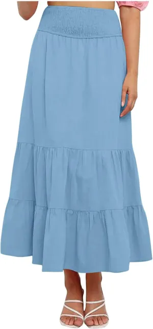 Women's Summer Comfy Tiered Skirts Elastic High Waisted A-Line Skirts Casual Beach Vacation Flowy Long Skirts