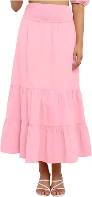 Women's Summer Comfy Tiered Skirts Elastic High Waisted A-Line Skirts Casual Beach Vacation Flowy Long Skirts
