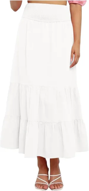 Women's Summer Comfy Tiered Skirts Elastic High Waisted A-Line Skirts Casual Beach Vacation Flowy Long Skirts