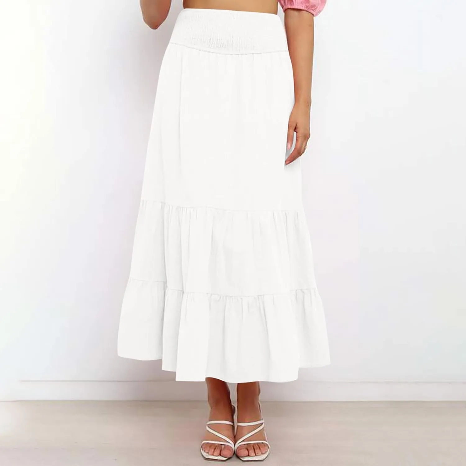 Women's Summer Comfy Tiered Skirts Elastic High Waisted A-Line Skirts Casual Beach Vacation Flowy Long Skirts