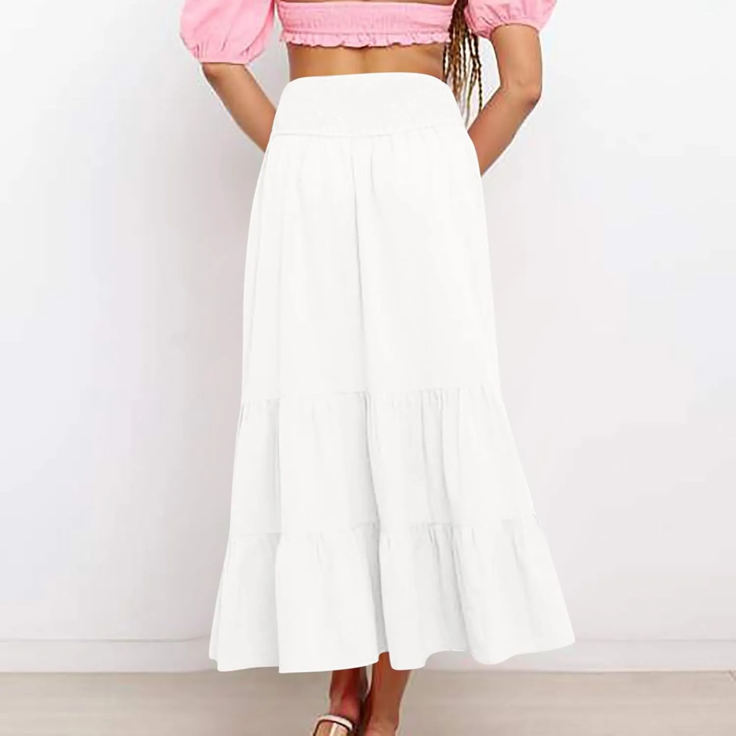 Women's Summer Comfy Tiered Skirts Elastic High Waisted A-Line Skirts Casual Beach Vacation Flowy Long Skirts