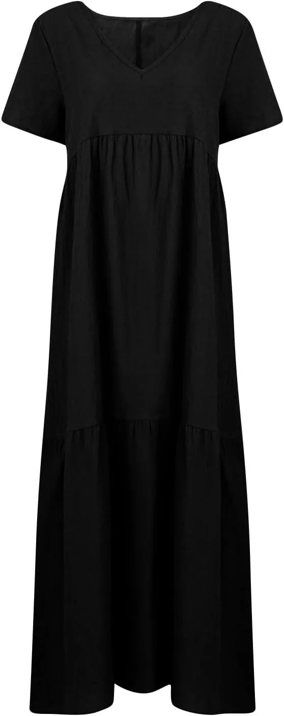 Womens Summer Cotton Linen Dresses Casual Short Sleeve Plus Size Midi Dress Elegant V Neck Ruched Flowy Boho Dress