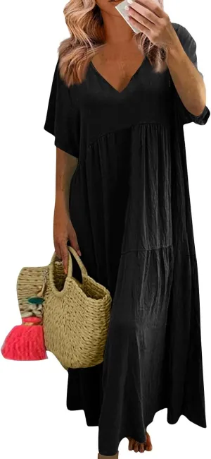 Womens Summer Cotton Linen Dresses Casual Short Sleeve Plus Size Midi Dress Elegant V Neck Ruched Flowy Boho Dress