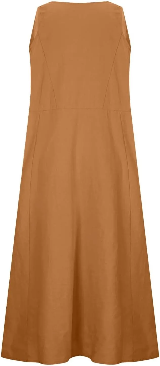 Womens Summer Linen Dress Sleeveless Elegant Flowy 2025 New Dresses Plus Size Loose Comfy Long Skirt with Pockets