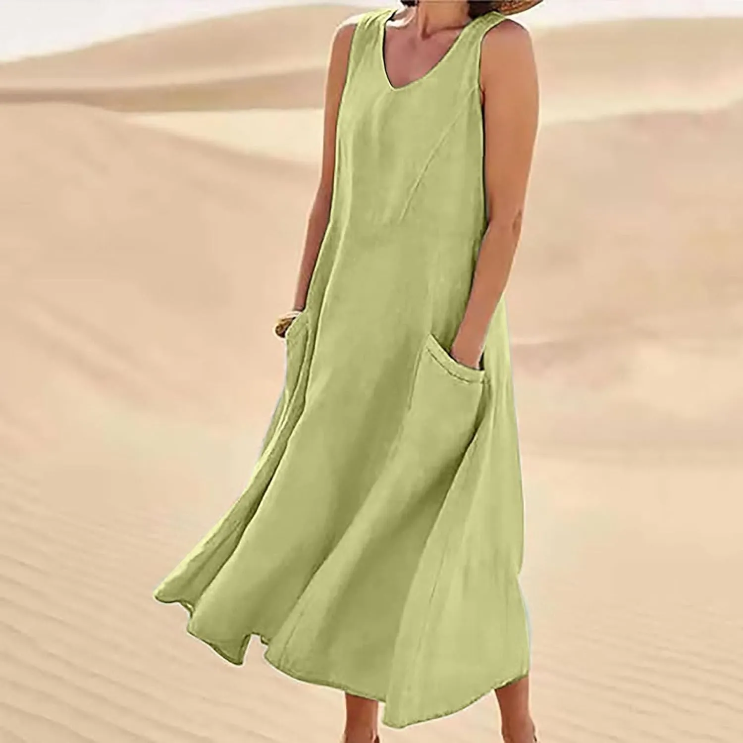 Womens Summer Linen Dress Sleeveless Elegant Flowy 2025 New Dresses Plus Size Loose Comfy Long Skirt with Pockets