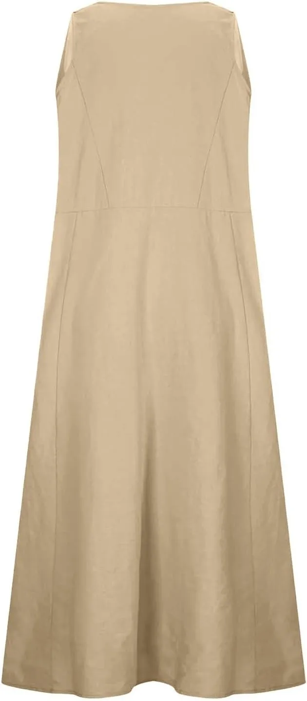 Womens Summer Linen Dress Sleeveless Elegant Flowy 2025 New Dresses Plus Size Loose Comfy Long Skirt with Pockets