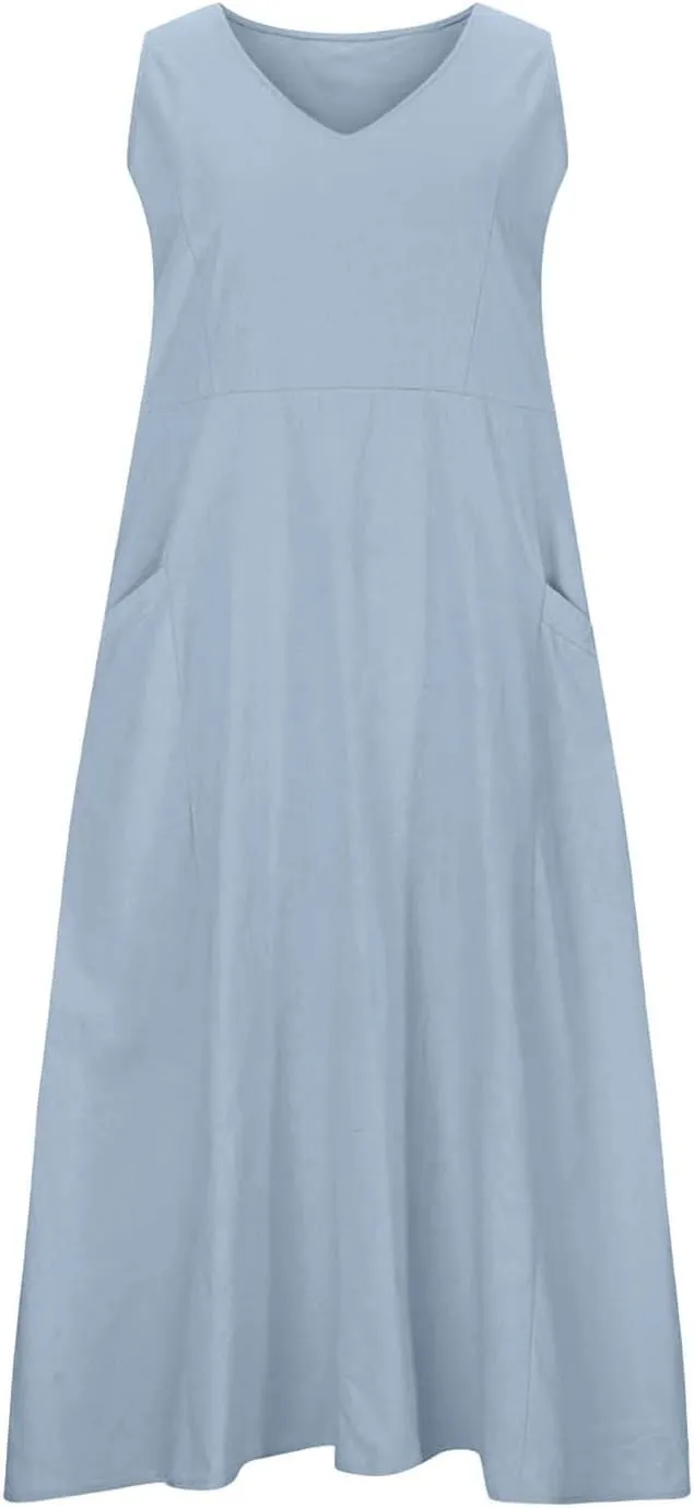 Womens Summer Linen Dress Sleeveless Elegant Flowy 2025 New Dresses Plus Size Loose Comfy Long Skirt with Pockets