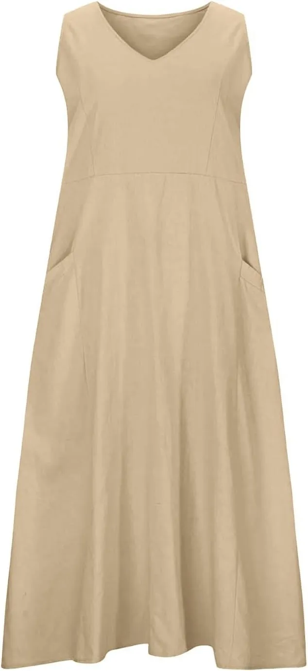 Womens Summer Linen Dress Sleeveless Elegant Flowy 2025 New Dresses Plus Size Loose Comfy Long Skirt with Pockets