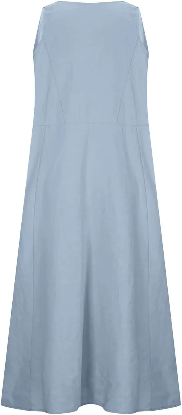 Womens Summer Linen Dress Sleeveless Elegant Flowy 2025 New Dresses Plus Size Loose Comfy Long Skirt with Pockets