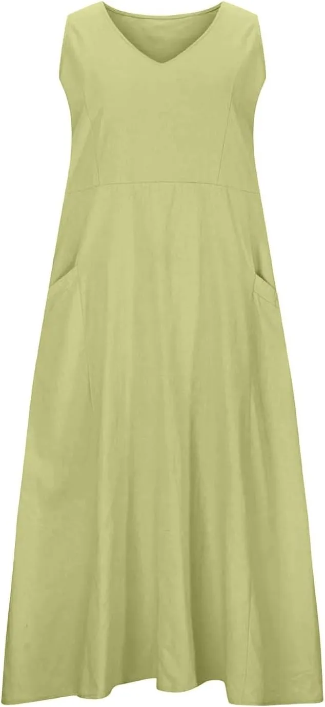 Womens Summer Linen Dress Sleeveless Elegant Flowy 2025 New Dresses Plus Size Loose Comfy Long Skirt with Pockets
