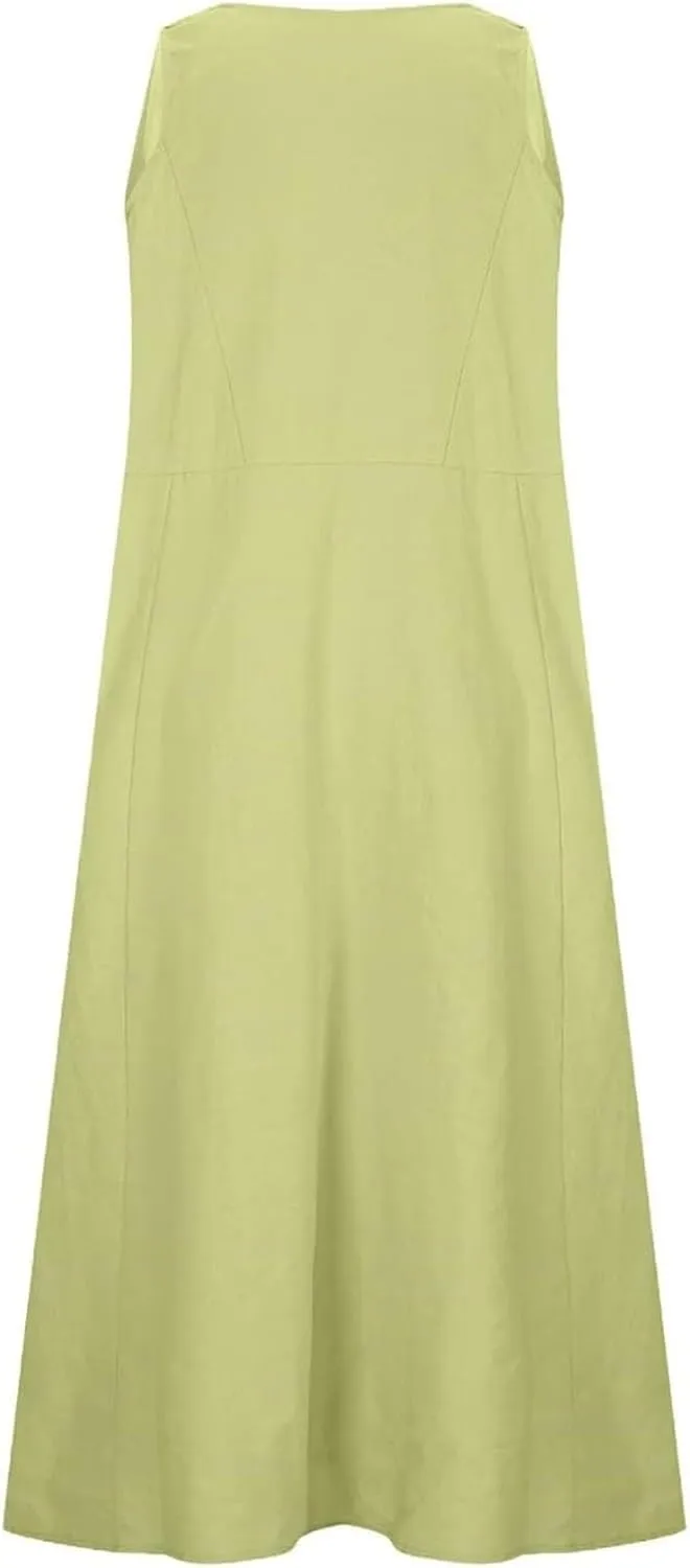 Womens Summer Linen Dress Sleeveless Elegant Flowy 2025 New Dresses Plus Size Loose Comfy Long Skirt with Pockets