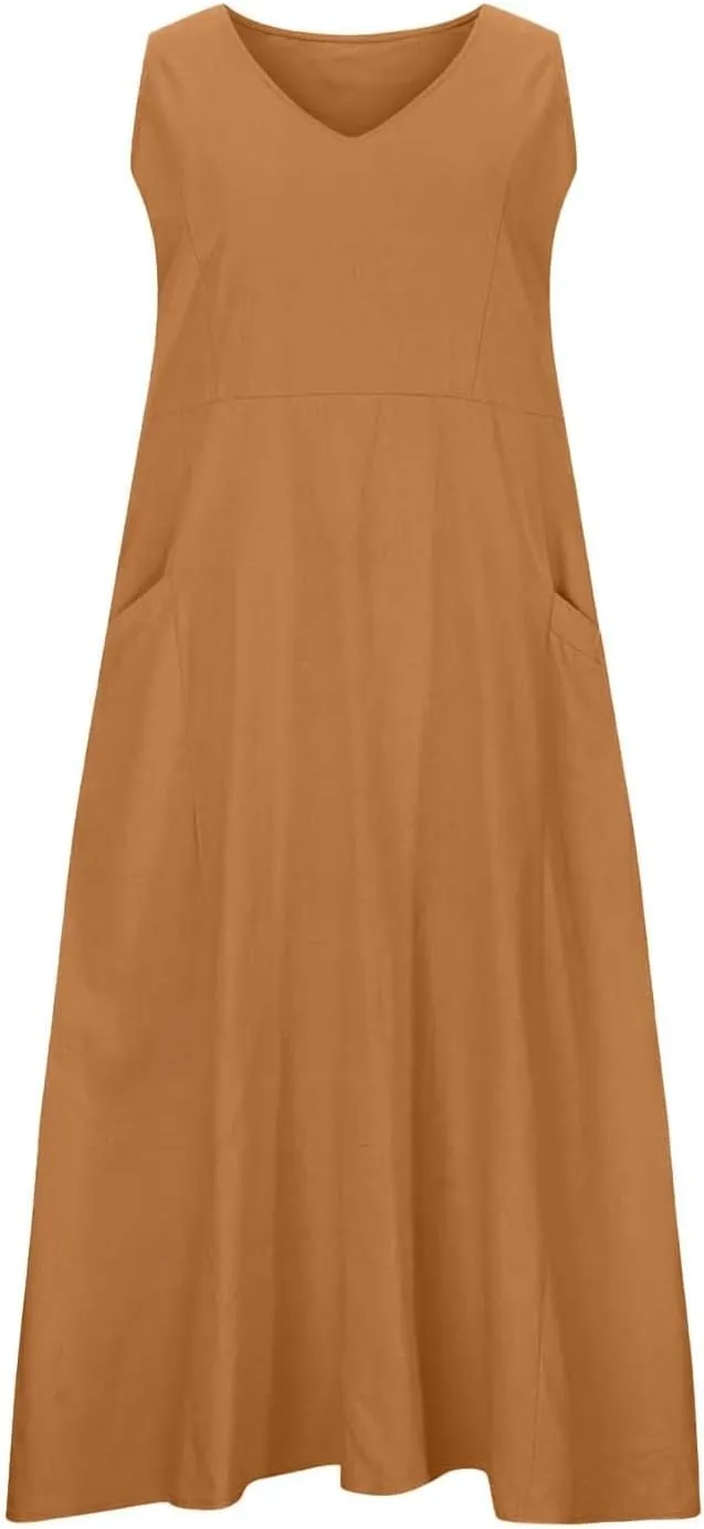 Womens Summer Linen Dress Sleeveless Elegant Flowy 2025 New Dresses Plus Size Loose Comfy Long Skirt with Pockets