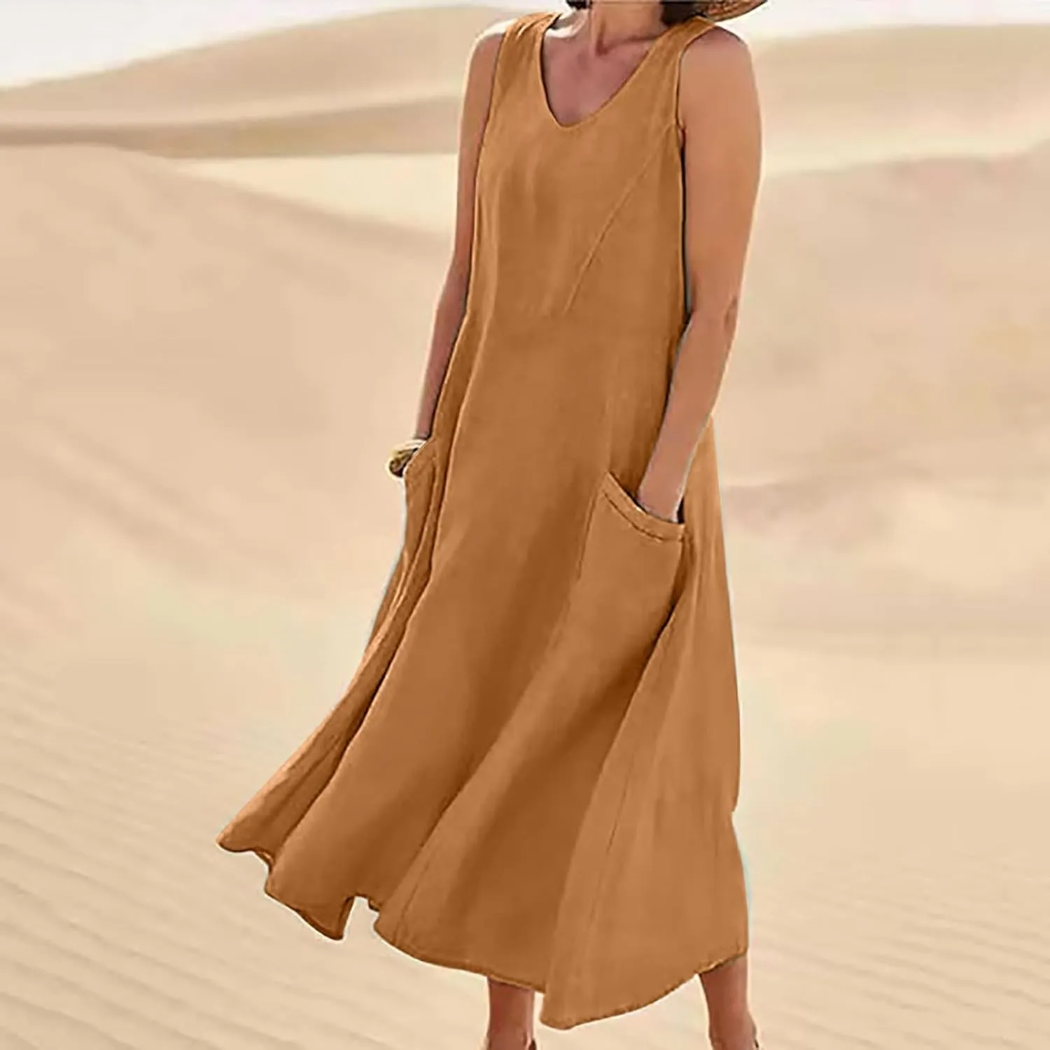 Womens Summer Linen Dress Sleeveless Elegant Flowy 2025 New Dresses Plus Size Loose Comfy Long Skirt with Pockets
