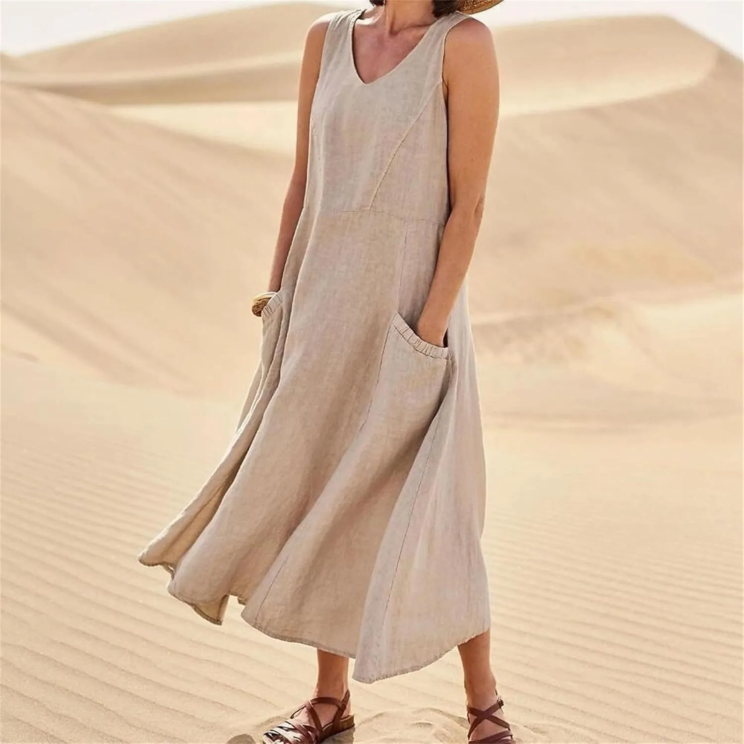 Womens Summer Linen Dress Sleeveless Elegant Flowy 2025 New Dresses Plus Size Loose Comfy Long Skirt with Pockets