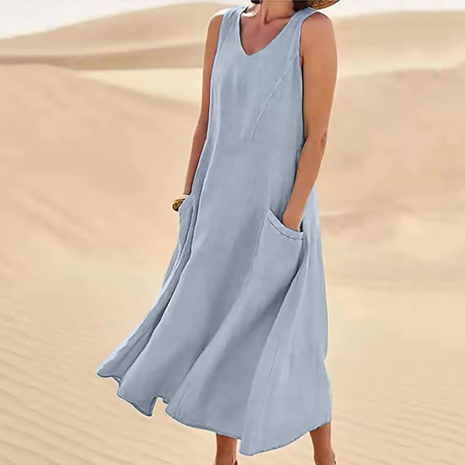 Womens Summer Linen Dress Sleeveless Elegant Flowy 2025 New Dresses Plus Size Loose Comfy Long Skirt with Pockets